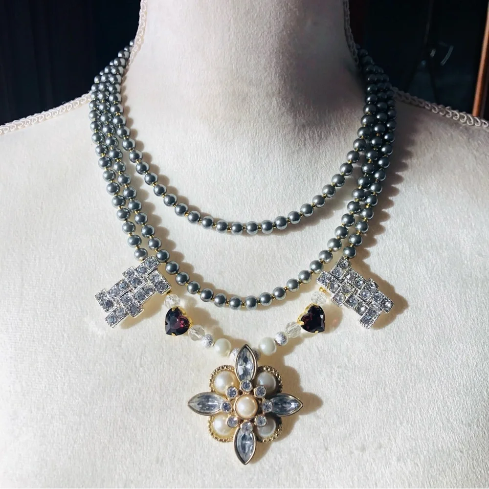 Handcrafted repurpose faceted gem Czech glass Pearl fancy toggle clasp necklace